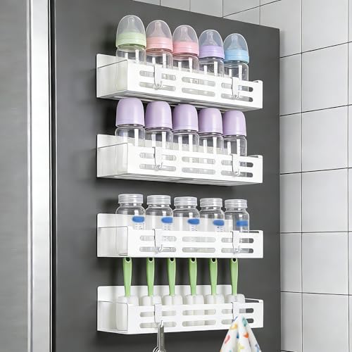 Image of ieddet 4 Pack Magnetic Baby Bottle Organizer for Refrigerator, Space Saving Bottle Organizer Rack, Durable Metal Shelves with 8 Hooks, Storage for Baby Bottles, Pacifiers, and Brushes