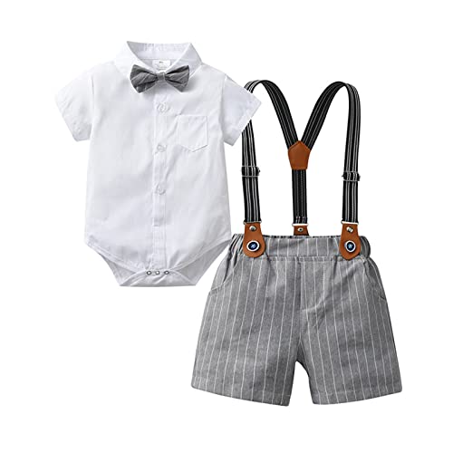 Image of Volunboy Baby Boy Formal Short Set Toddler Summer Gentleman Outfit Kid Short Sleeve Bowtie Shirt Suspender Shorts Suit