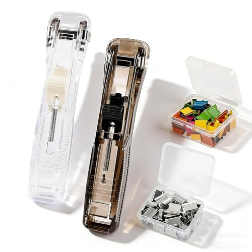 Portable Binder Clip Stapler, Includes 100 Reusable Clips, Mini Push Stapler Clamp Staplers, Reusable Push Clips, Handheld Paper Clam Clip Dispenser for Desktop Document Home School Desk Office(2PCS)