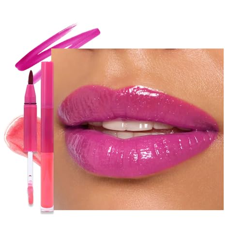 Image of evpct ‌Hot Pink Matte Liquid Lipstick Marker Pen Lip Liner Set with Lip Oil, Shine Finish, 2 in 1 Lipgloss Lipstick Long Lasting Waterproof for Women, Lips Color Stain 24hr Original Smudge Proof