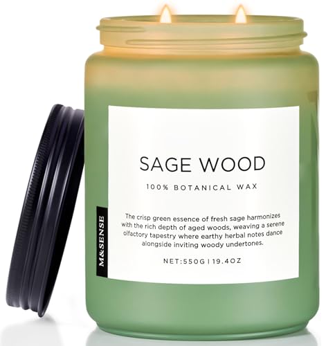 M&SENSE Salbei Holz Duftkerze (550g, 110h) – 2-Docht Naturkerze aus Sojawachs – Beruhigender Duft für Stressabbau – Wohnaccessoire & Geschenk​