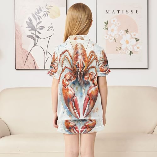 Satin Pajama Sets Short Sleeve Watercolor Crawfish Button Down Silky Nightwear 2 Piece PJS 5-14Y4