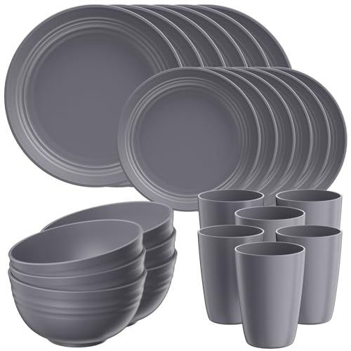 Image of Quatish 32 Piece Plates and Bowls Sets for 8, Unbreakable Dinnerware Sets, Plastic Dish Set for Camping, Dishwasher Microwave Safe, Outdoor Kitchen and Apartment Dorm Dinning RV Essentials, Grey