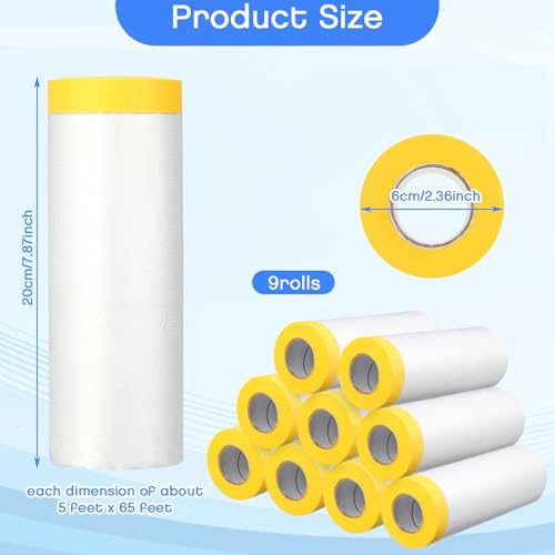 Image of Seajan 9 Roll Painters Plastic with Tape Pre Taped Masking Film for Painting Automotive Paint Adhesive Protective Film Masking Tape Roll Plastic Painting Covering (White,5 x 65 Ft)