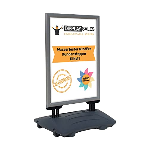 DISPLAY SALES Kundenstopper WINDPRO® SLIM | Wasserfester Werbeaufsteller in DIN A1 | Plakatständer in silber | Werbetafel beidseitig nutzbar für 2 Plakate | Verkaufsstand