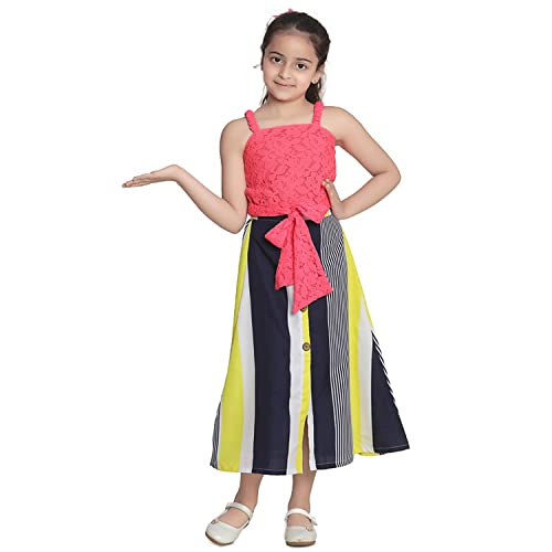 Image of LILPICKS Girls' Polyester Net Knot Top with Striped Maxi Skirt Set (Neon Pink and Multicolor)