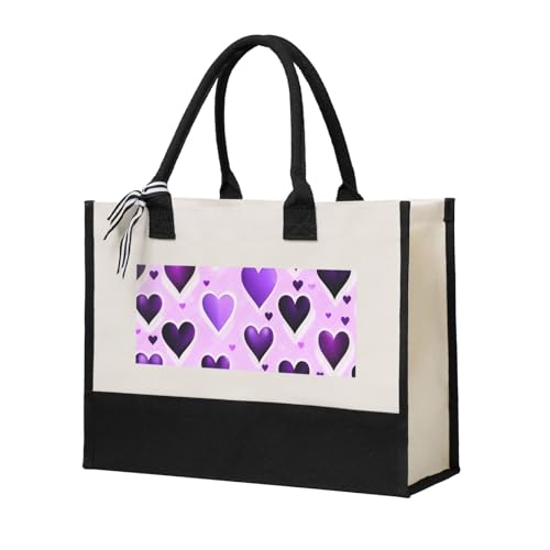 ZTPOWQA Bolsa de lona con estampado de corazones morados para mujer, gran capacidad, para playa, viajes, oficina, compras