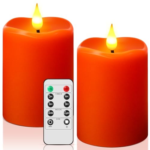 Image of Retisee 3 x 4 Inch LED Fall Candles with Remote Timer Flickering Real Wax Battery Thanksgiving Operated Candles for Home Decor(Orange Color, 2 Pcs)
