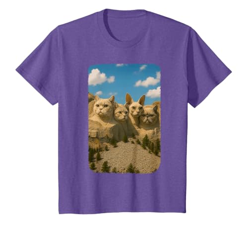 Funny Mount Rushmore Cat Monument Parody T-Shirt, Youth, Purple Heather, Small