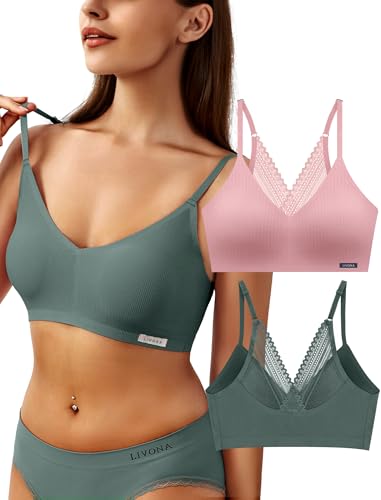 Image of Livona Lace Bralette for Women - Comfort Sports Bra Wireless Padded Bralette with Support Workout Tops Cami Crop S-XXL