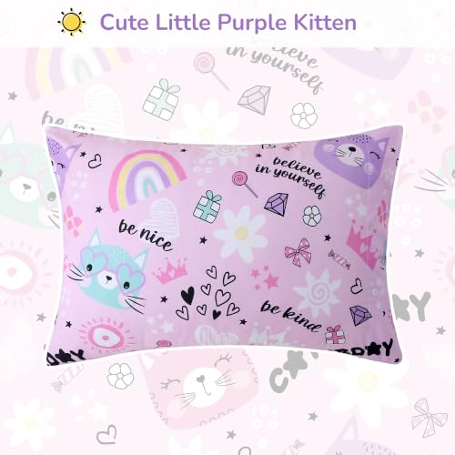 Image of Viviland Toddler Comforter Sets, 4 Pieces Bedding Sets, Cat Pattern | Microfiber Purple Bed Set, Girls, Breathable & Soft, Comforter, Bed Sheet, Fitted Sheet and Pillowcase, Machine Washable