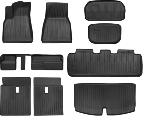 Big RED Floor Mats for Tesla Model Y 7-Seat Fit for 2021 2022 2023 2024 100% TPE All Weather Cargo Liner Trunk Accessories Set of 9 Mats (Not Fit 5-Seat)