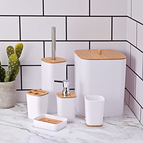 Yorkmills 6 Pieces Bamboo Bathroom Accessories set, Bathroom Accessory set, Bathroom Bin Toilet Brush Set - Image 3