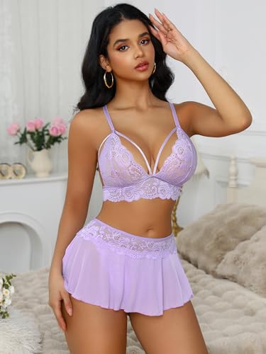 Image of CRIPOM Sexy Lingerie for Women Naughty 3 Piece Lace Bralette, Mini Skirt with G-String Crotchless Lingerie Outfits