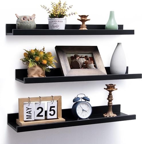 Image of Wooden Floating Wall Shelves Set of 3 for Living Room & Bedroom | Modern Wall Mounted Display Rack for Decor, Photo Frames, Plants & Storage (Black, 23 Inch)