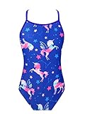 FEESHOW Mädchen Einteiliger Badeanzug Pferde Sterne Druck Schwimmanzug mit Träger Sommer Urlaub Swimsuit Strandkleidung Königsblau G 122-128/7-8 Jahre