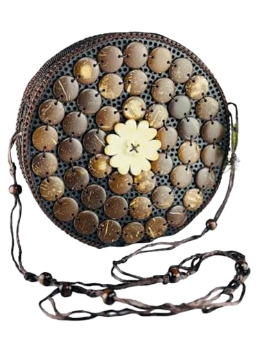 Sac à main rond noix de coco marron tissé et gravé motif floral