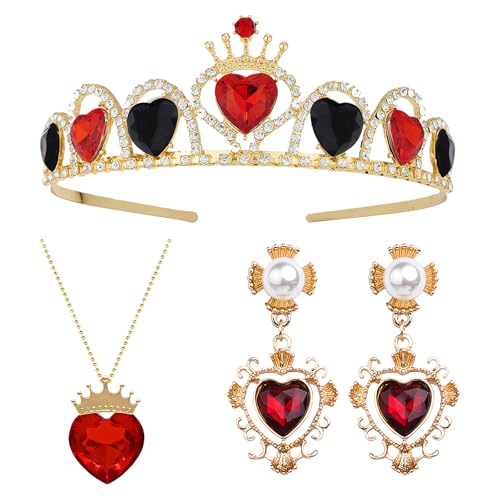 RAOPNHS Herzkönigin Kostüm Accessoires Set Queen of Hearts Krone mit Halskette und Ohrringen Spielkartenkostüm Schmuck für Cosplay Halloween Party Karneval Kostüm Herzdame für Cosplay Party