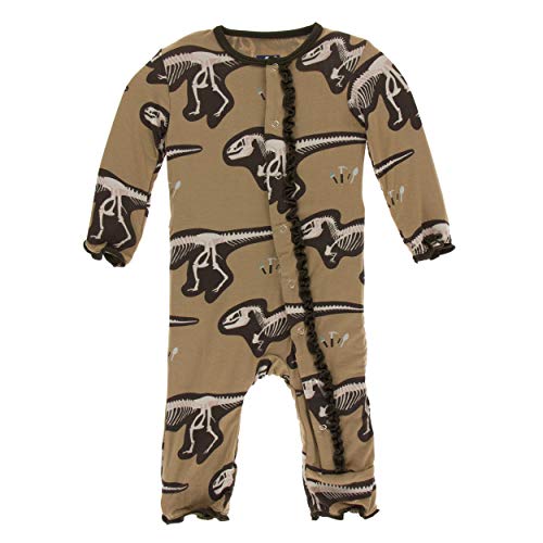 KicKee Pants Little Girls Print Muffin Ruffle Coverall with Snaps - Tannin T-Rex Dig, 3-6 Months