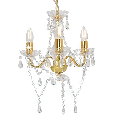 vidaXL Lampadario con Perle di Cristallo Rotondo 3 Lampadine E14 Lampada Soffitto Luce Pendente Base in Metallo Dorato Gocce Acrilico Trasparente