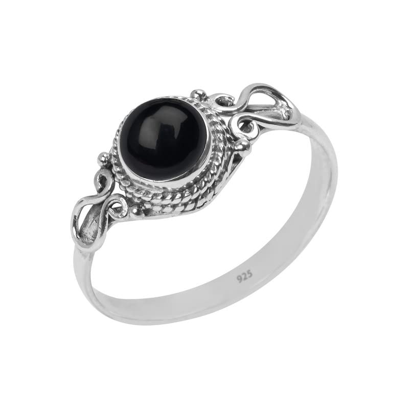 Black Onyx Stone Ring, Handmade 925 Sterling Silver Rings for Women Girls, Natural Gemstone Ring US size 7 Solitaire Ring, Round Stone Ring,