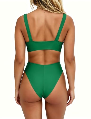 Image of geluboao Bikini Set for Women Solid V Neck Knot Front Push Up High Leg Thong Two Piece Swimsuit