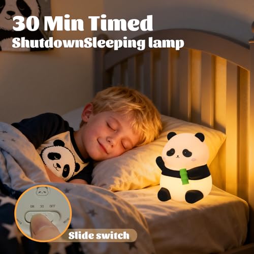 Image of Cute Panda Night Light for Kids, 50-Hour Battery Life Rechargeable Silicone Squishy Lamp, 2 Brightness Settings Tap Control Nursery Light for Baby Room Decor