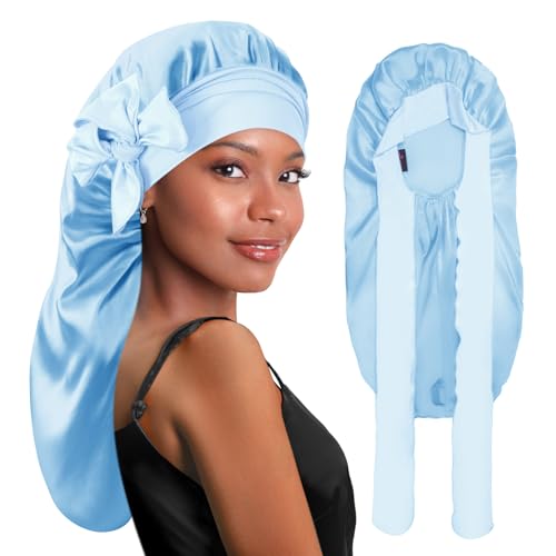 BONNET QUEEN Braid Bonnet Silk Bonnet Foldable Extra Long Wrap for Braids Satin Bonnets with Tie Band Long Sleep Cap, Light Blue
