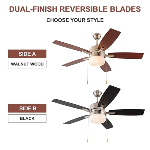 52" Modern Indoor Ceiling Fan with LED Light, Pull Chain Control, Reversible AC Motor, Walnut/Black2