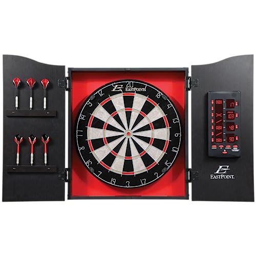 EastPoint Tournament Bristle Dartboard - 18-Inch, Red/Black - Self-Healing Sisal & Steel Tip Darts - Deluxe LED Scoring System for Electronic Dart Board - Easy-Mount Cabinet for Game Room Decor by EastPoint Sports - Used condition - US$102.98