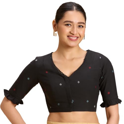 Image of Studio Shringaar Women's Handloom Cotton Jamdani Border Readymade Saree Blouse