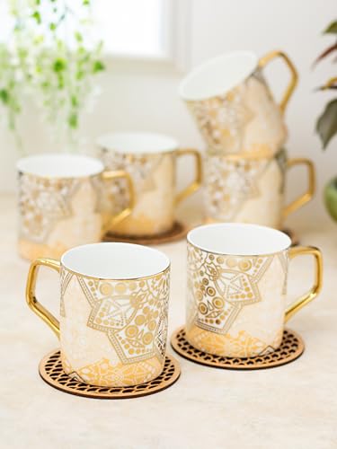 Image of Clay Craft Fine Ceramic Gold Printed Coffee /Tea Cups Set of 6-200 ml Each, Ceramic Tea Cups, Tea Cup Set of 6, Mug for Coffee, Cups Set of 6, Mug Set, Ideal for Gifting, Perfect for Home and Office