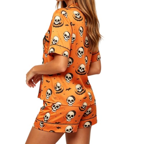 Image of Women Holiday Satin Pajamas Short Sleeve Shirts Shorts Set 2pc Loungewear