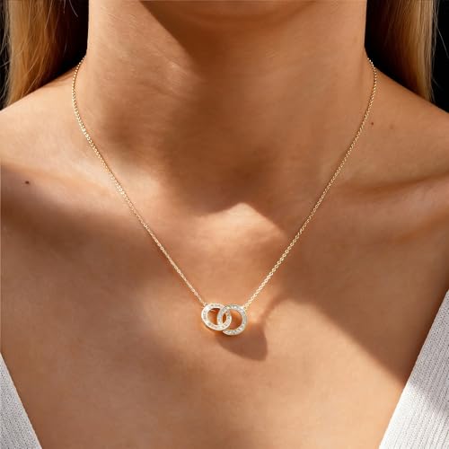 Image of Gifts for Mother Daughter Necklace -14K Gold Plated Interlocking Circles Zirconia Pendant Necklace, Dainty Mom Necklace for Women, Birthday Mother's Day Jewelry Gift for Her