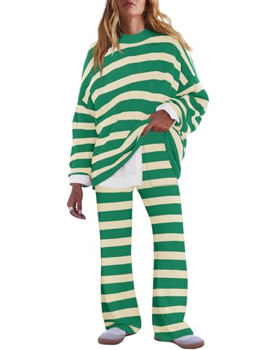 Image of LAMISSCHE Oversized Womens Lounge Set Striped Sweater Set Long Sleeve 2 Piece Pajama Set Top and Pants with Pockets