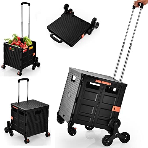 TANGZON Folding Shopping Cart, Stair Climber Collapsible Utility Trolley with Noiseless Wheel & Telescopic Handle, Lightweight Boot Cart Crate Box for Travel Storage (Black)