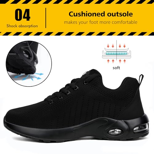 Image of Tinefiy Steel Toe Shoes for Women Lightweight Safety Shoes Air Cushion Comfortable Slip Resistant Indestructible Womens Puncture Proof Work Shoe