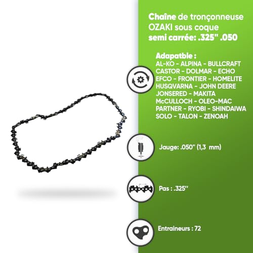 Chaîne de tronçonneuse .325 jauge 1.3mm avec gouges semi-carrées Ozaki 72 maillons