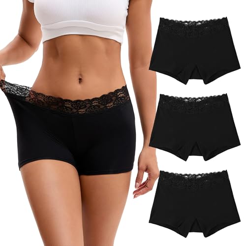 Recopilación de Braguitas para Mujer los 10 mejores. 47 INNERSY Braguitas Mujer Encaje Algodón Suave y Transpirable Boyshorts Paquete de 3(Negro Sólido, Grande)