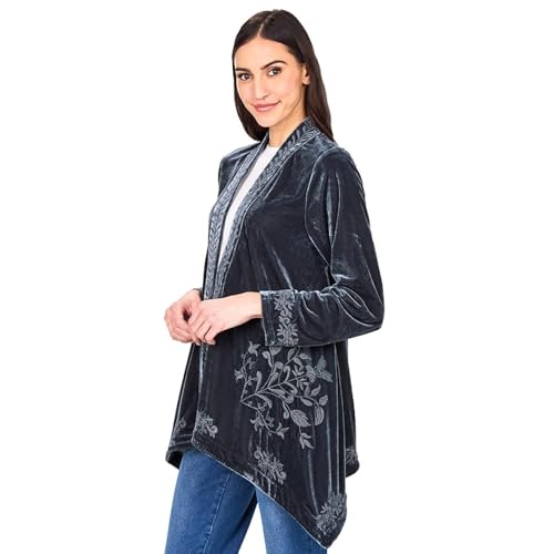 Image of Women's Embroidered Velvet Open Front Cardigan Jacket - Gray 2X