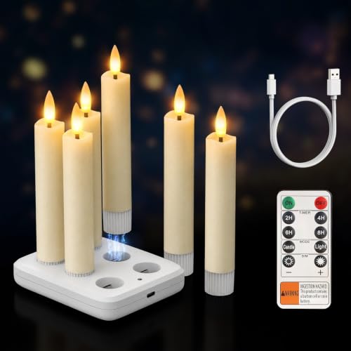 Image of 6 inch Rechargeable Flameless Taper Candles with Remote, Charging Base, 6 Pcs