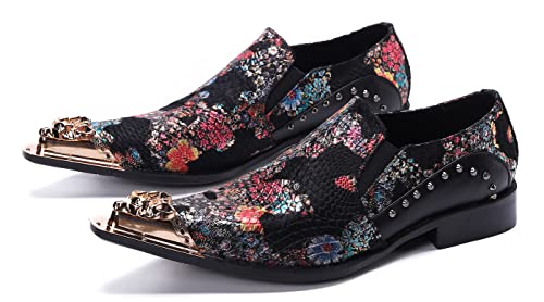 Santimon Mens Dress Loafers Floral Embroidered Leather Slip On Sequin Pointed Dragon Metal Tip Smoking Style Wedding Party Shoes