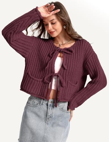 Yimoon Womens Tie Front Chunky Cardigan Sweater Cropped Long Sleeve Open Front Cardigan Knit Trendy Sweater Tops4