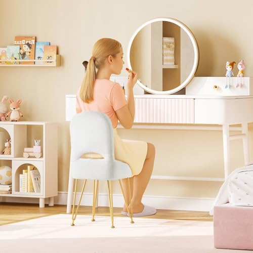 GREENSTELL Vanity Stool Chair with Storage and Folding Back, 13.4\" x 15\" x 30\" Square Faux Fur Soft Ottoman, 4 Metal Legs with Anti-Slip Feet, Furry Padded Seat for Makeup, Bedroom, White