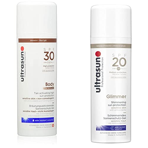 ultrasun SPF30 Tan Activator Body 150ml & SPF20 Glimmer Sensitive Formula All Day Sun Protection Lotion, 150 ml