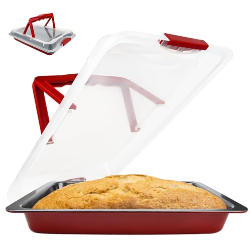 RUNEAY Teglia da forno con coperchio, stampo rettangolare per torte, con coperchio, contenitore per il trasporto di torte, antiaderente, per il trasporto di feste, riunioni e pic-nic