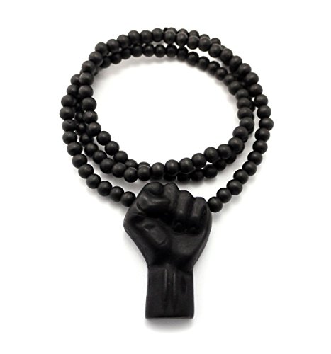 Shiny Jewelers USA Mens Power FIST Natural Wood Black Multicolor Wooden Bead Chain Necklace (Black)