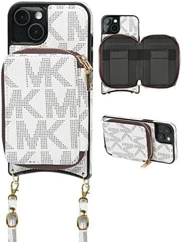 Luxury Wallet Card Holer Case for iPhone 14 Plus 6.7 Inch,Leather Metal Nameplate Protective Case with Crossbody Strap for Women Girls White