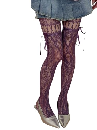 Milumia Women's Bow Knot Hollow Out Patterned Tights Y2k Cute Sheer Pantyhose