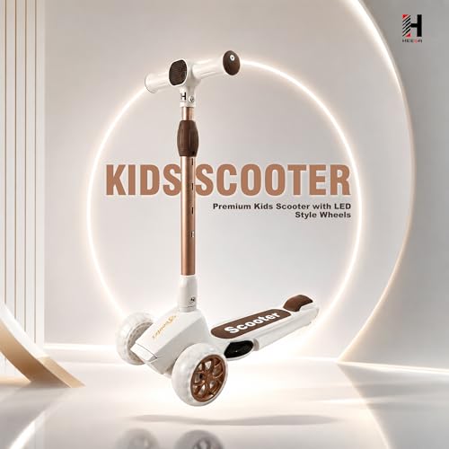 Image of Heega Foldable Kick Scooter for Kids with 4 Level Adjustable Height, PU LED Wheels, Lights and Music for 3+ Years Baby Boy & Girl of Up to 75kg Weight (Cream Gold)